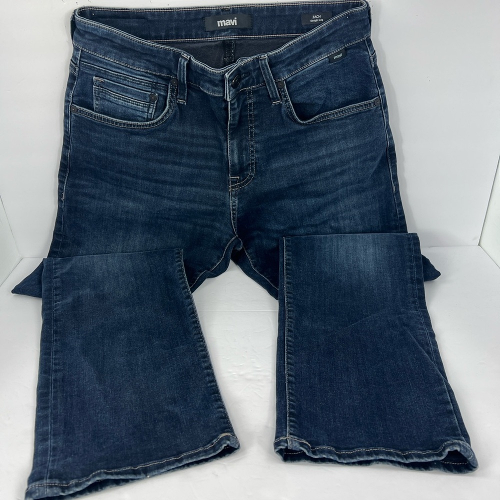MAVI MEN’S ZACH STRAIGHT LEG JEANS, DARK BLUE COLOR, WASHED-OUT LOOK, SIZE 32-30